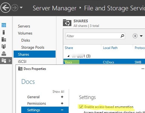 Server Manager: enable access based enumeration for a shared folder