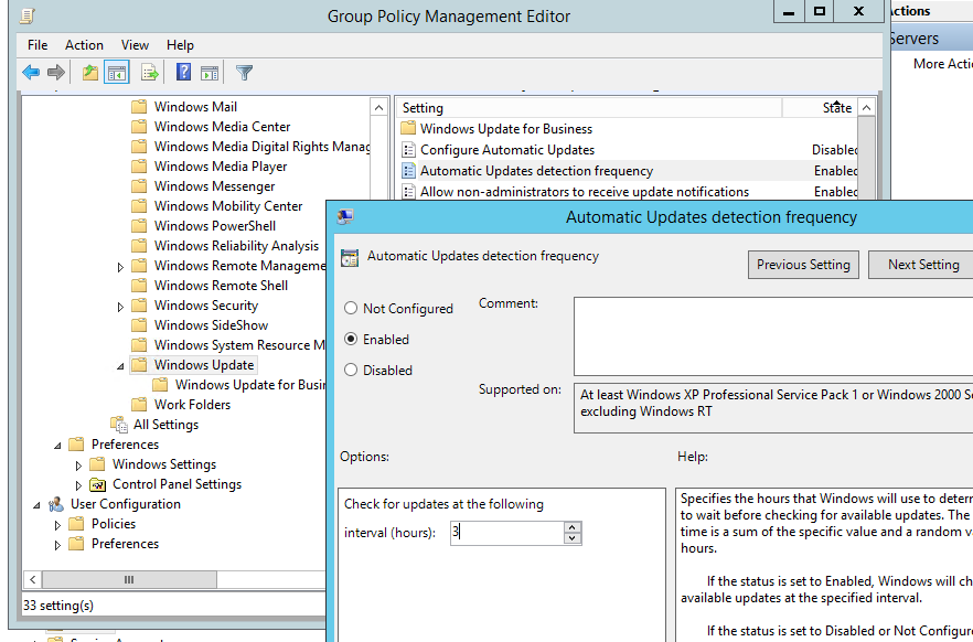 Set the group policy Automatic Update detection frequency to 3 or 4 hours