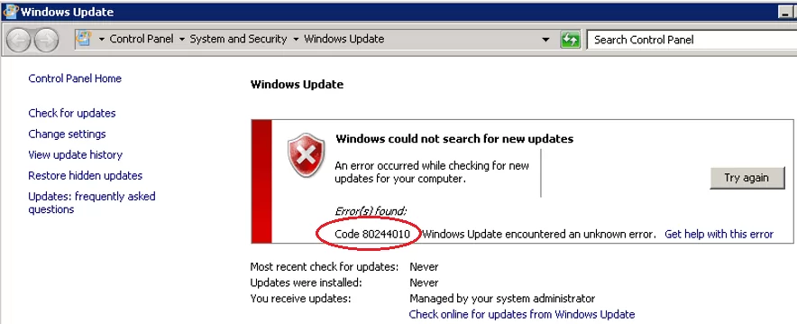 windows could not searc for new updates code 80244010
