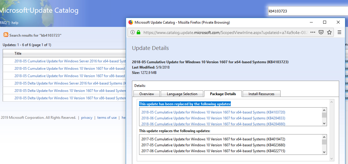 windows update catalog - update details and replacment info