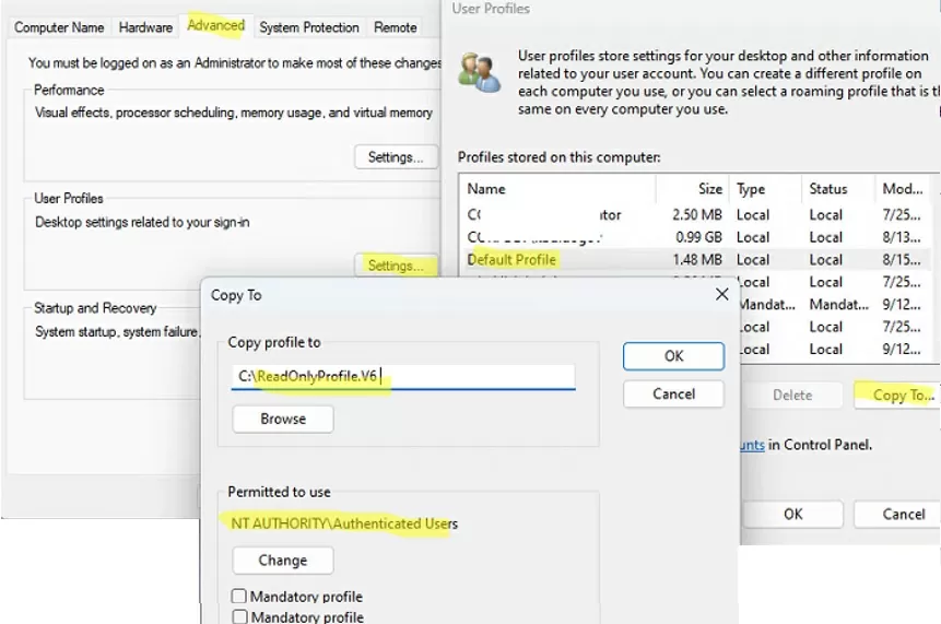 create mandatory user profile by copying from default profile