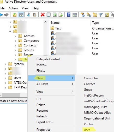 create new user with aduc console