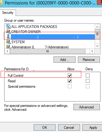 full control permissions on registry key