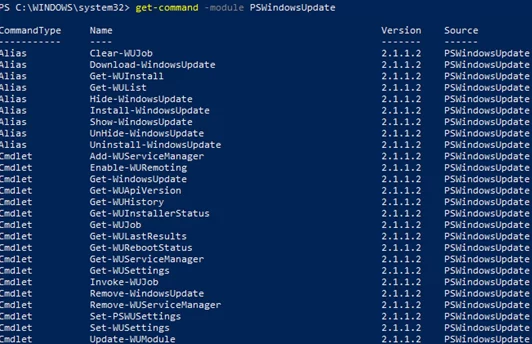 list PSWindowsUpdate module commands