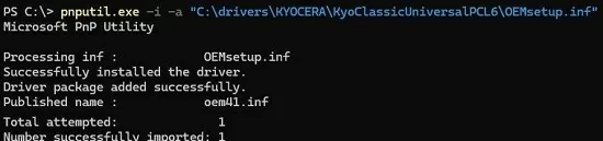 pnputil: install printer driver from inf file