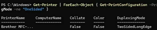 powershell list printers with duplex twosided support