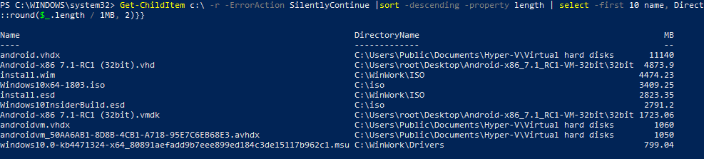 Script to find 10 largest files on a windows server or pc