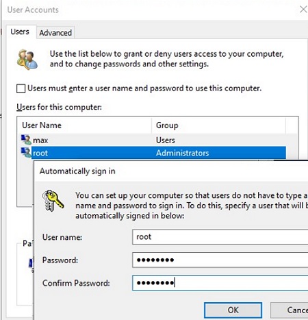 set user credentials to automatically login windows