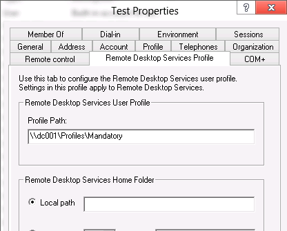 setting profile path in the Active Directory user's settings