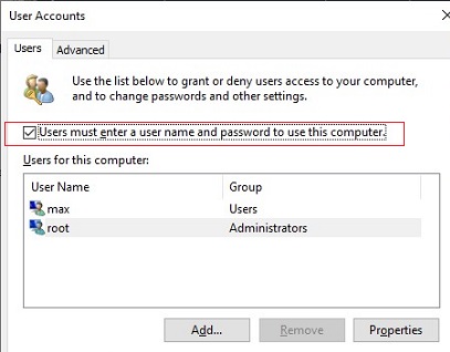 turn off password login on windows 10 - User must enter a username and password to use this computer