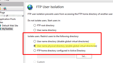 FTP User isolation settings