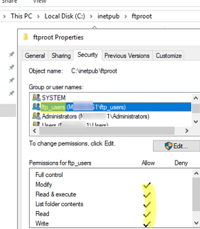 Grant NTFS permissions on the FTP root folder