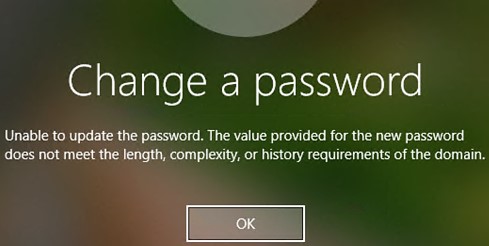 Unable to update the password. The value provided for the new password does not meet the length, complexity, or history requirements of the domain.