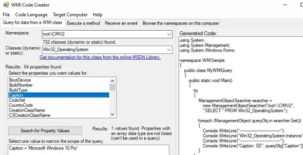 Browse wmi namespace with WMI Code Creator 