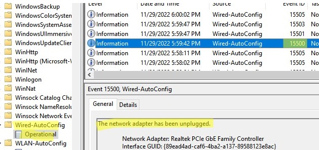 Wired-AutoConfig Event ID 15500: The network adapter has been unplugged