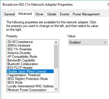 Disabled on wired connect - 802.11n wireless adapter option