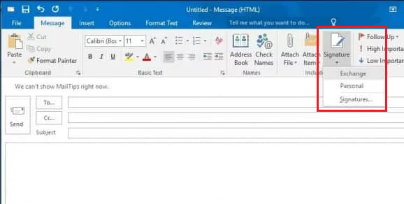 Insert Signature Manually in Outlook 2016