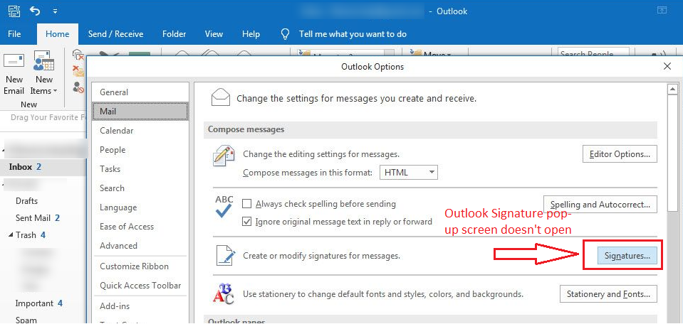 Signature option does not open in outlook 2016 