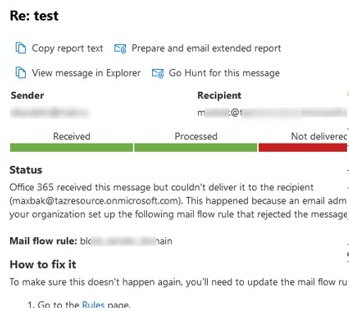 Microsoft 365: Tracking log rejects mailflow rule message