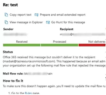 microsoft 365: tracking log mailflow rule rejects message