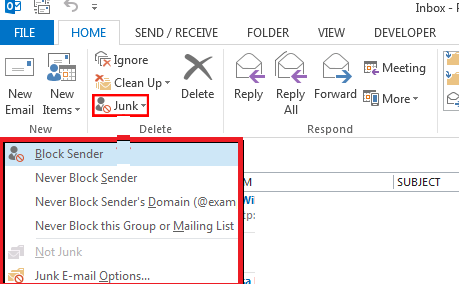 outlook 2016 configure junk emals sender list 