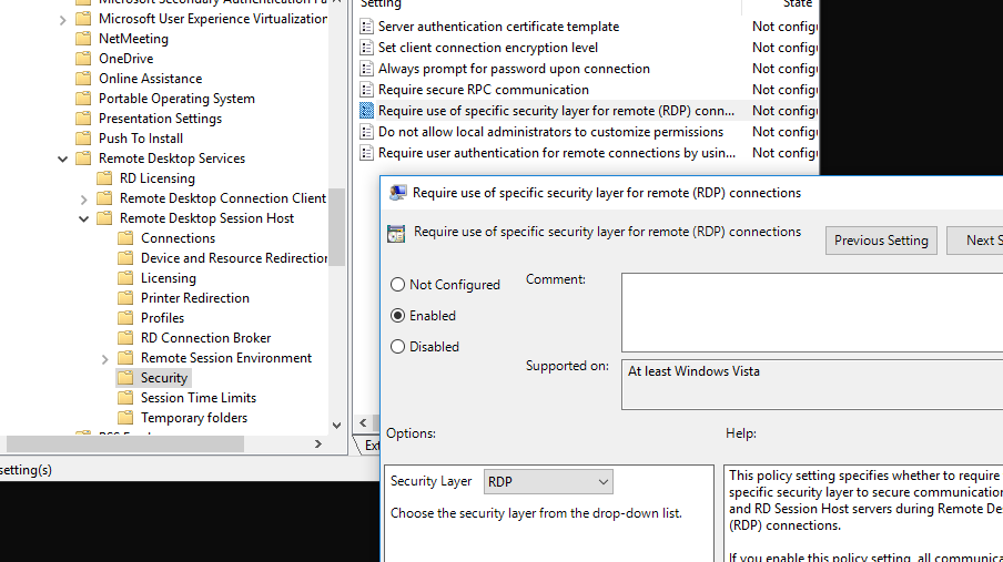 GPO: Require use of specific security layer for remote (RDP) connections