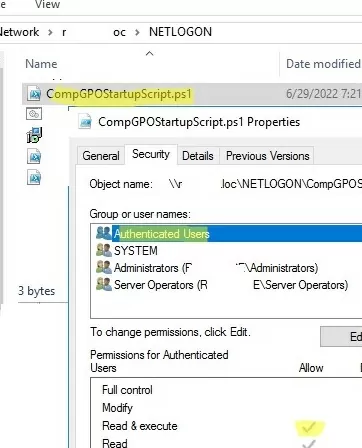 copy your gpo startup powershell script file to netlogon folder on domain controller