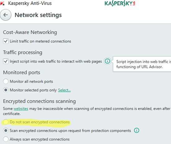 kaspersky Do not scan encrypted HTTPS connections 