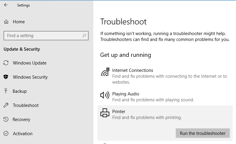 printer troubleshooter in windows 10