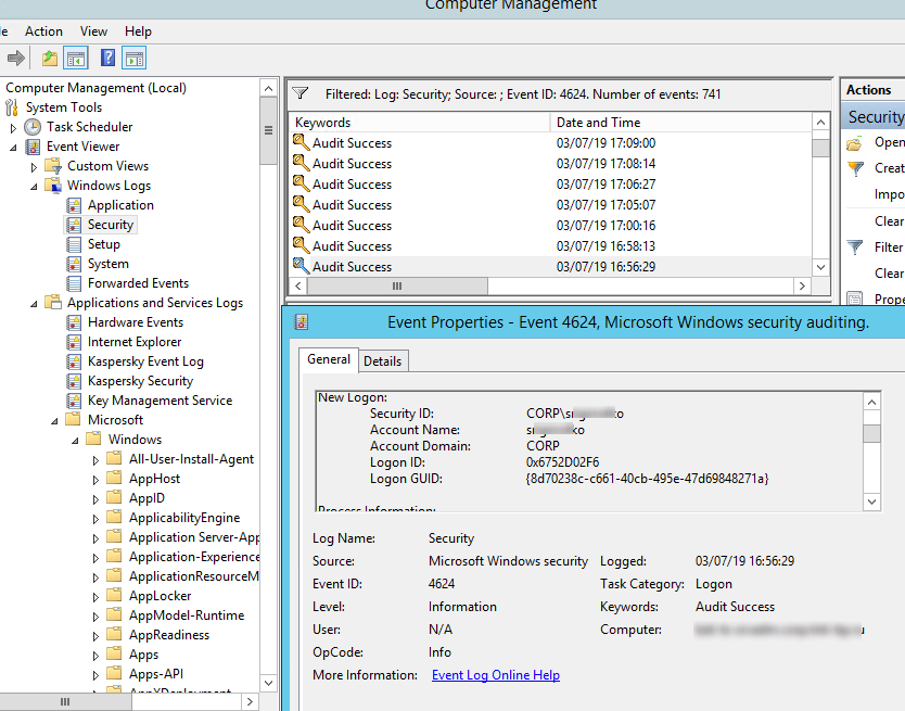 security log: rdp logon event with the username and ip adress of the remote client