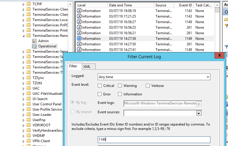 windows event log Terminal-Services-RemoteConnectionManager filtering