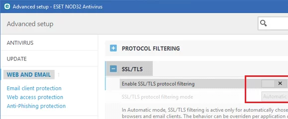 disable SSL/TLS protocol filtering in NOD32 Antivirus