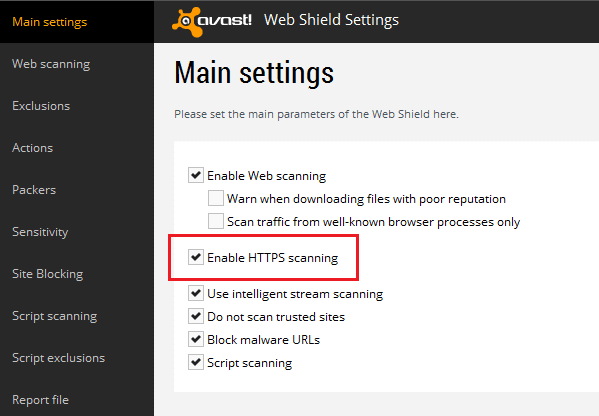 Enable HTTPS scanning option in avast
