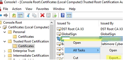Export certificate from Trusted root CA on Windows