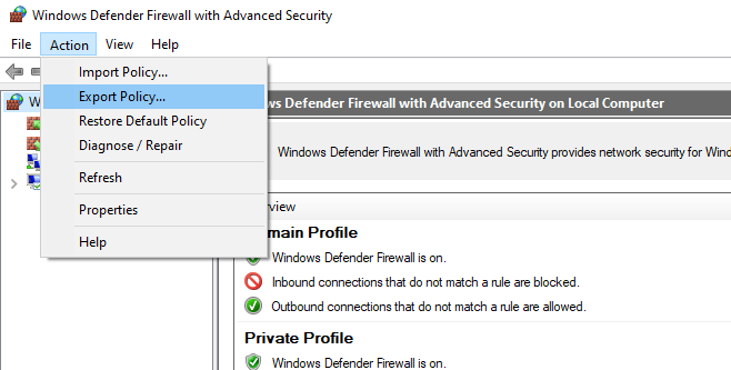 export windows defender firewall rules to wfw file