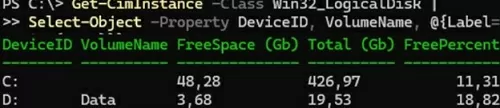 free and used space on volumes check via powershell