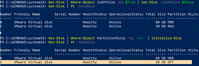 Get-Disk online and Initialize-Disk in powershell