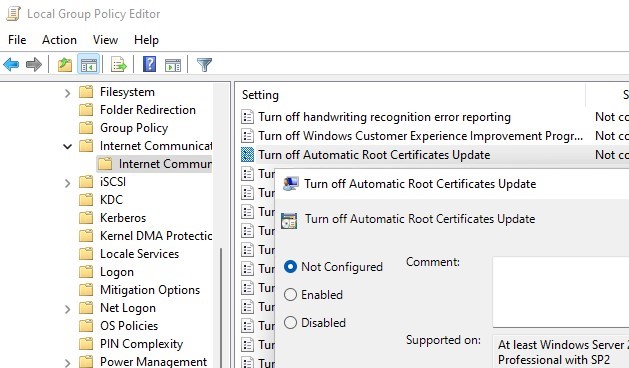 Group Policy: turn off automatic root certificates update in Windows
