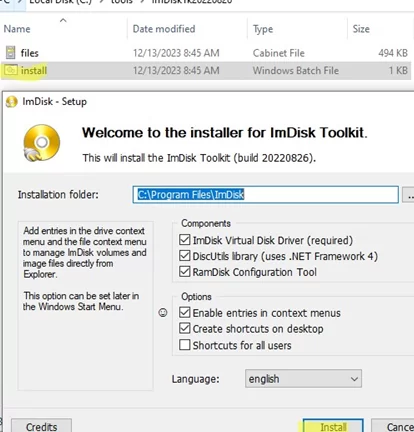 Install ImDisk RAM Drive tool on Windows 