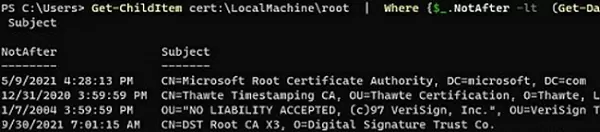 list expired trusted root certificates in WIndows with powershell