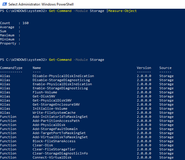local storage (disk, partition)management module in windows powershell