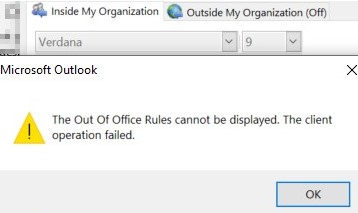 Out of Office rules cannot be displayed.  client operation failed