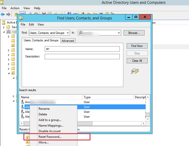 reset user password using mmc console active directory users and computers