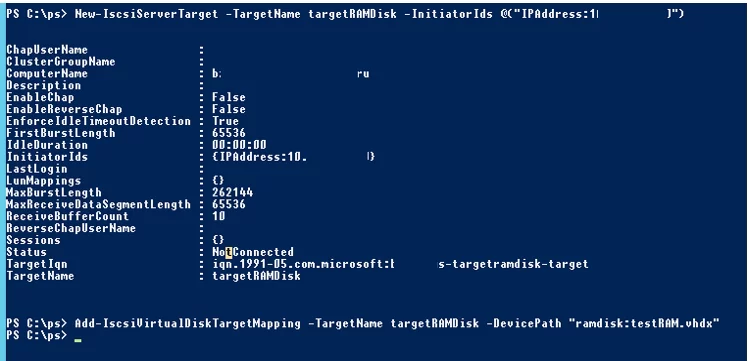 Map iSCSI target RAM drive with PowerShell