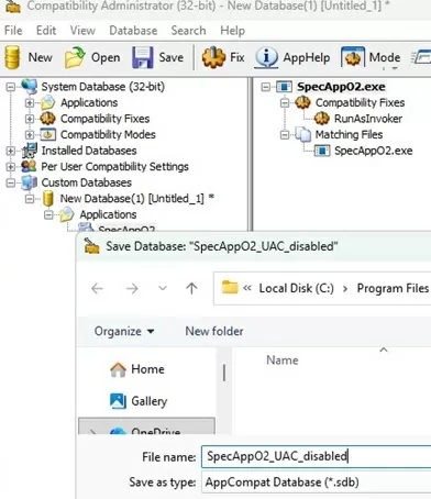 save application compatibility fix to sdb file database