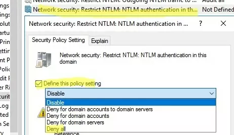 GPO: Network Security: Restrict NTLM: NTLM authentication in this domain 