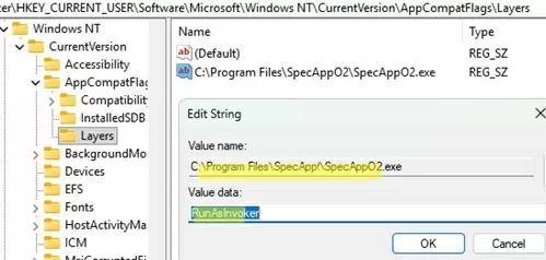 Enable RunAsInvoker flag for program in registry