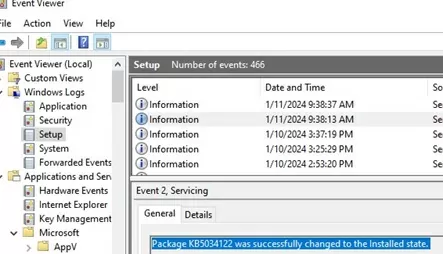 Windows Update install logs in Event Viewer
