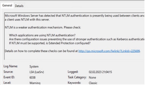 eventid 6038 from lsasrv source: NTLM authentication is currently in use between the client and this server