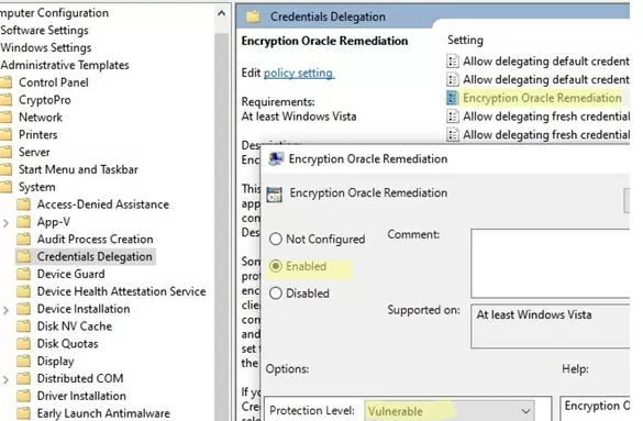 GPO option: Encryption Oracle Remediation - Vulnerable